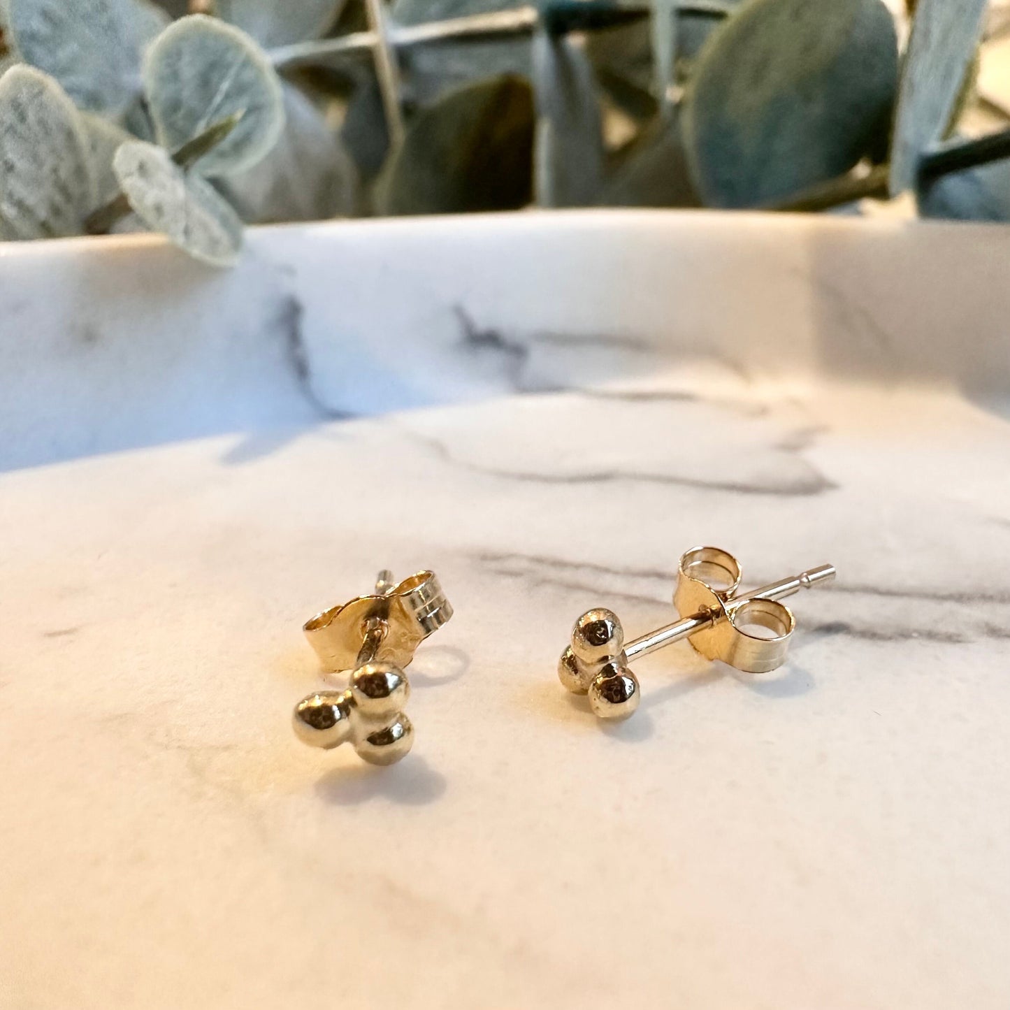 Gold Triple Bead Ball Studs, 9 Karat Gold Trio Earrings
