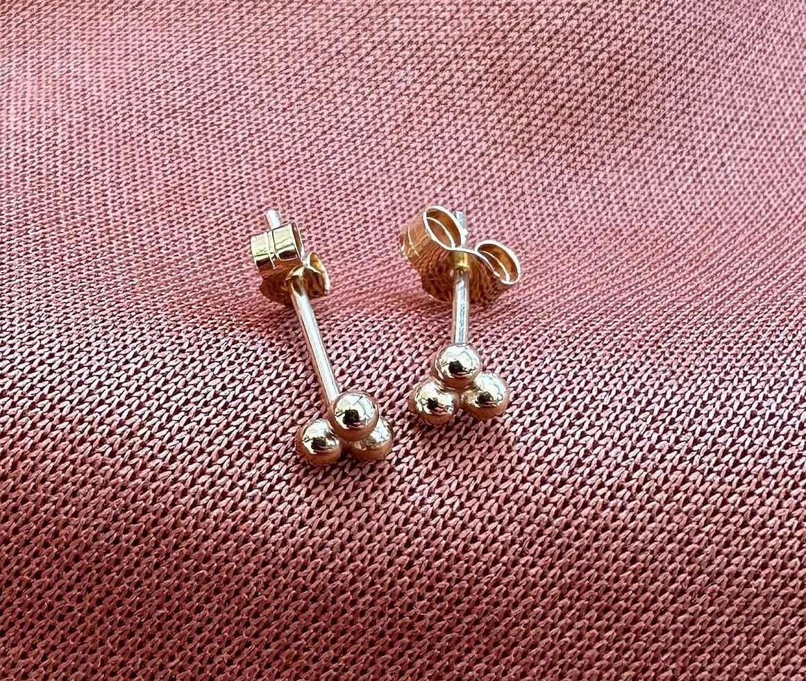 Gold Triple Bead Ball Studs, 9 Karat Gold Trio Earrings