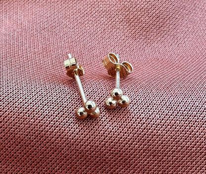 Gold Triple Bead Ball Studs, 9 Karat Gold Trio Earrings